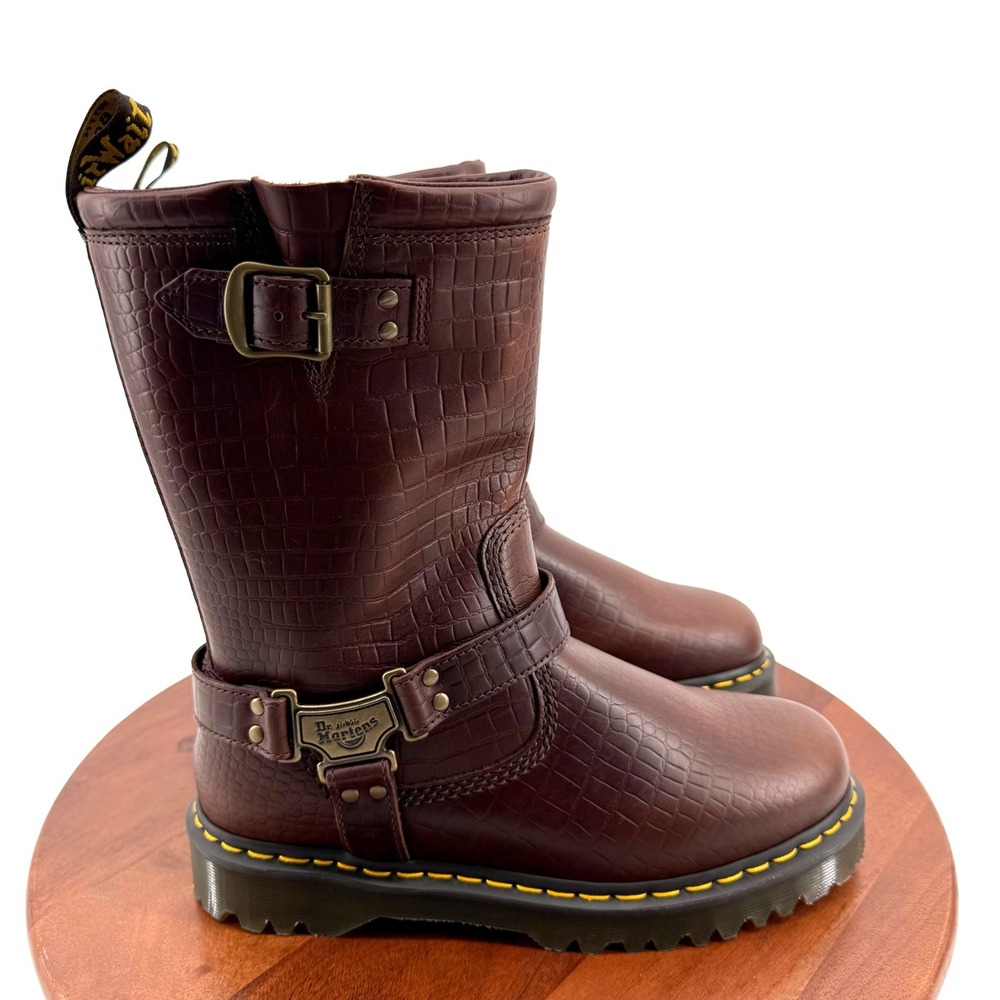Dr. Martens Anistone Hi Boots Brown Croc Embossed Biker Harness Men 10 Women 11